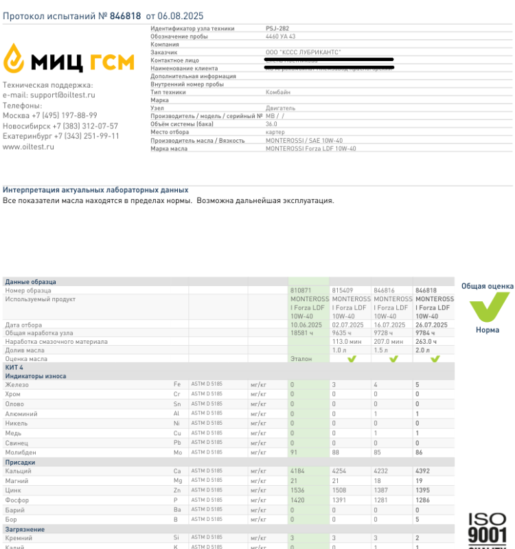 Превью. Протокол испытаний продукта MONTEROSSI Claas Jaguar 850  - MONTEROSSI FORZA LDF 10W-40 - 263 часа
