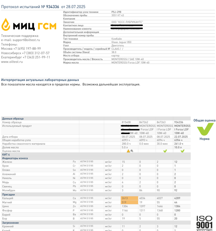 Превью. Протокол испытаний продукта MONTEROSSI Claas Jaguar 850 - MONTEROSSI FORZA LDF 10W-40 - 261 часа - сравнение с другим производителем