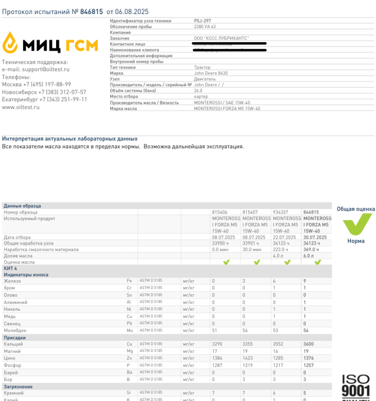 Превью. Протокол испытаний продукта MONTEROSSI John Deere 8430 - MONTEROSSI FORZA M5 15W-40 - 369 часа