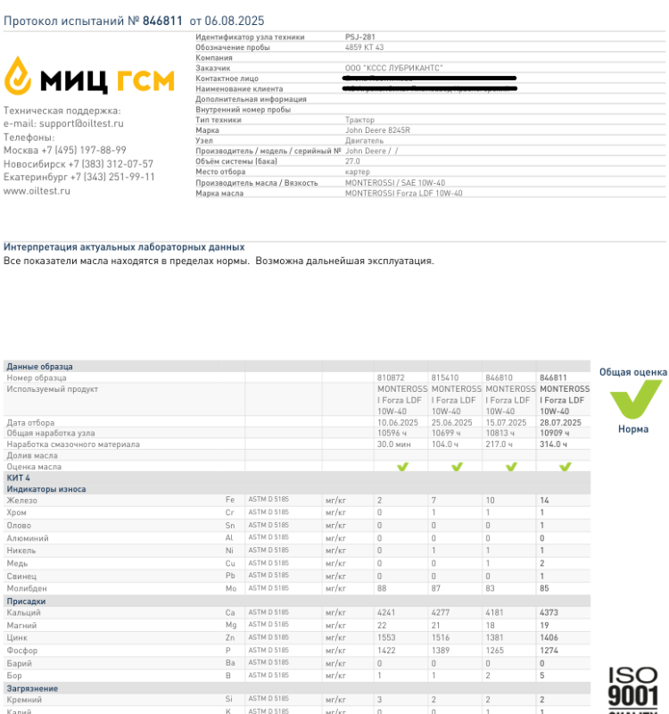 Превью. Протокол испытаний продукта MONTEROSSI John Deere 8245R - MONTEROSSI FORZA LDF 10W-40 - 314 часа
